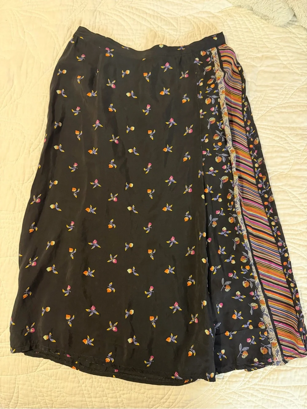 Black Floral Midi Skirt with Multicolor Stripe Panel